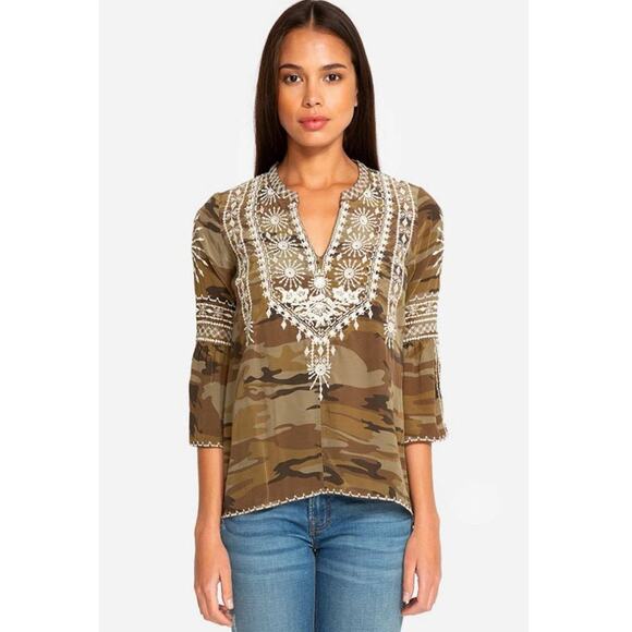 JOHNNY WAS Workshop 100% Silk Ciro Camo Embroidered Flare Sleeve Tunic Blouse - Picture 3 of 15